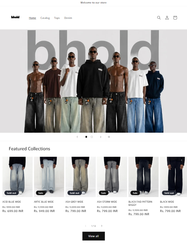 Bhold Shopify store homepage showing fashion products